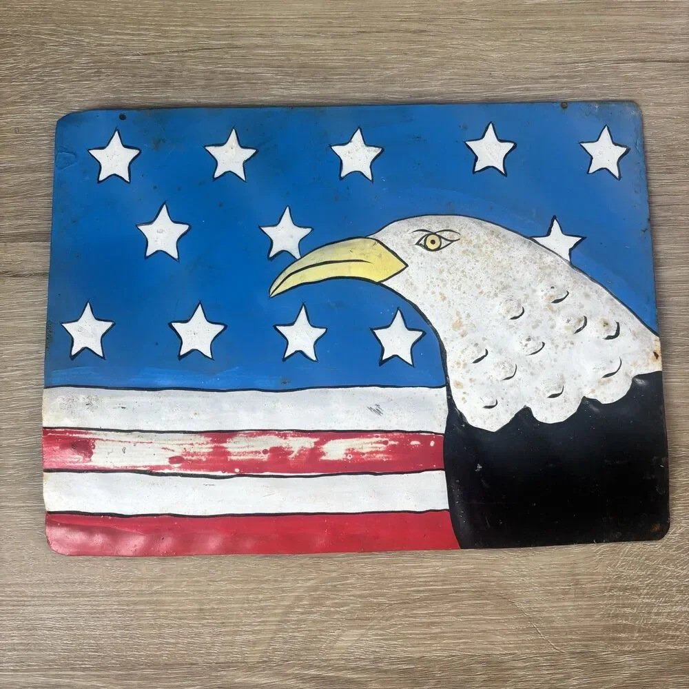 Hand Painted Metal American Flag Bald Eagle Sign Folk Art Wall Decor 10